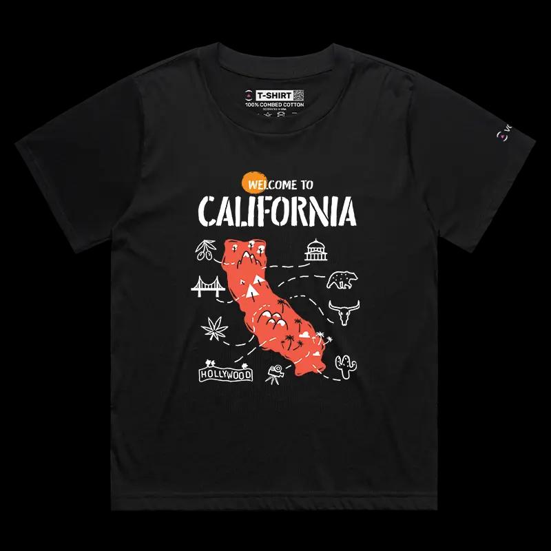 VOICEART Black Female Loose Welcome to California Historical Graphic Tee with Geography Map Short Sleeve Cotton T-Shirt