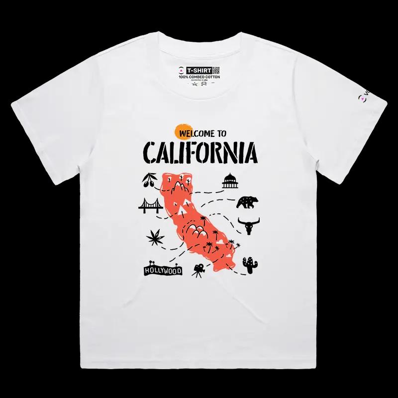 VOICEART White Female Loose Welcome to California Historical Graphic Tee with Geography Map Short Sleeve Cotton T-Shirt