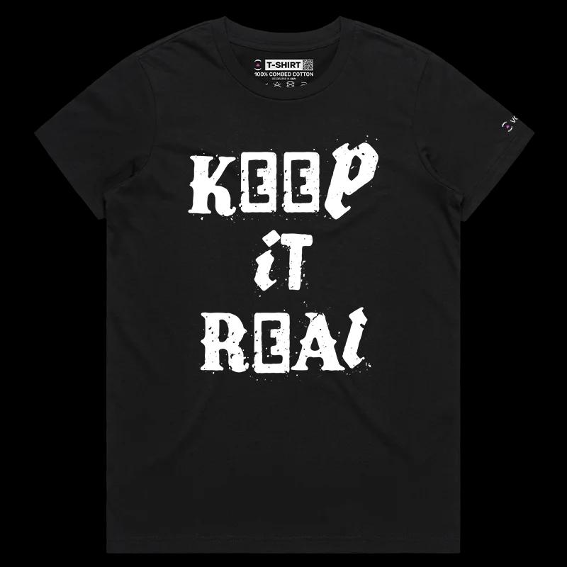 VOICEART Black Female Regular KEEP IT REALTypography T-Shirt with Premium Graphic and Design for Men and Women Tee