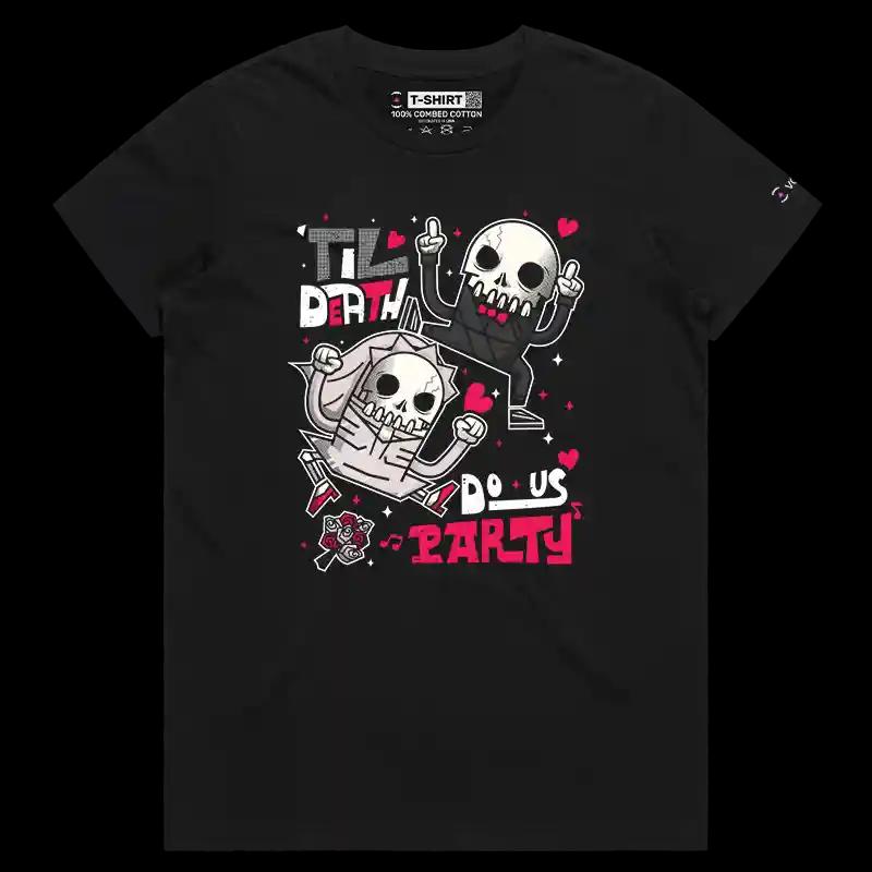 VOICEART Black Female Regular Dancing Skeletons Funny Graphic Shirt Premium Dark Humor Wedding Tee for Married Couples