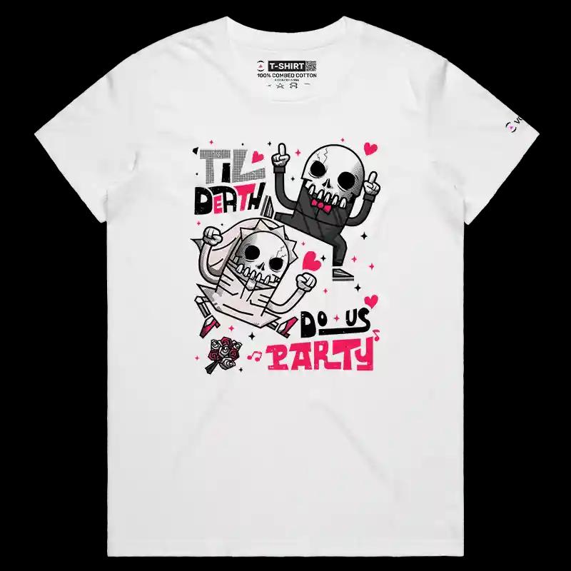 VOICEART White Female Regular Dancing Skeletons Funny Graphic Shirt Premium Dark Humor Wedding Tee for Married Couples