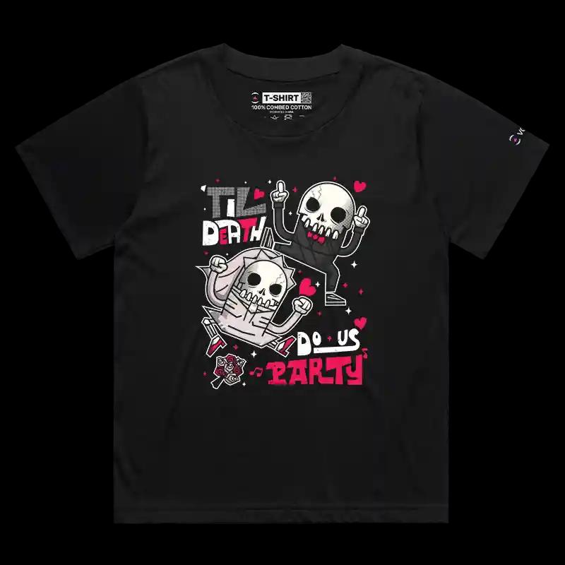 VOICEART Black Female Loose Dancing Skeletons Funny Graphic Shirt Premium Dark Humor Wedding Tee for Married Couples