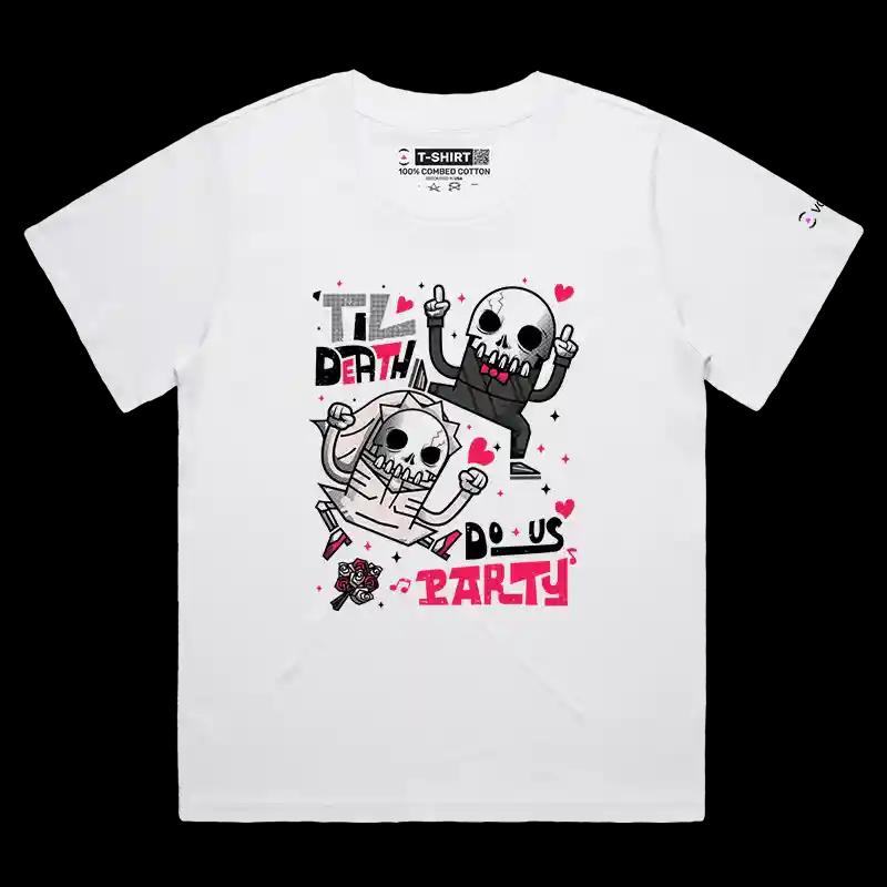 VOICEART White Female Loose Dancing Skeletons Funny Graphic Shirt Premium Dark Humor Wedding Tee for Married Couples