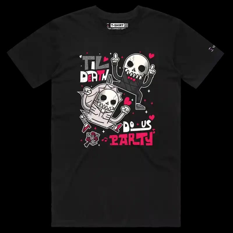VOICEART Black Male Regular Dancing Skeletons Funny Graphic Shirt Premium Dark Humor Wedding Tee for Married Couples
