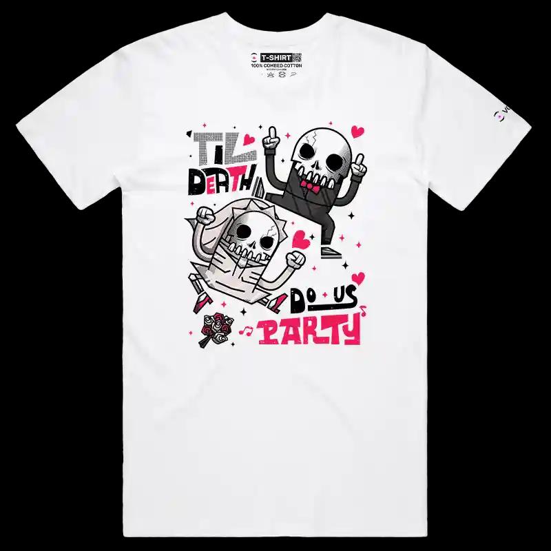 VOICEART White Male Regular Dancing Skeletons Funny Graphic Shirt Premium Dark Humor Wedding Tee for Married Couples