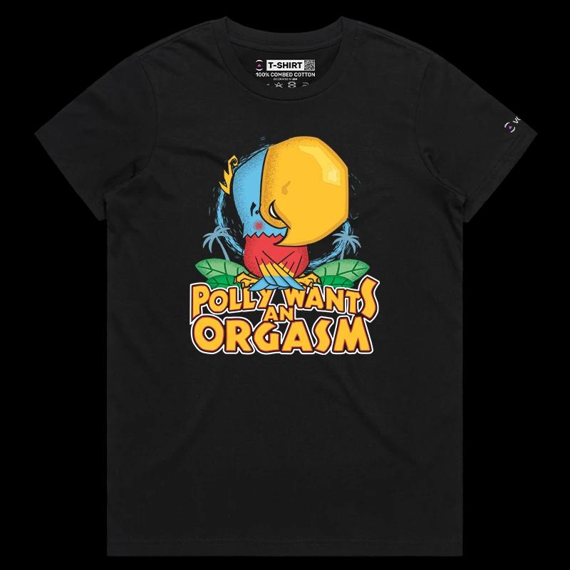 VOICEART Black Female Regular Polly Wants an Orgasm Funny Animals T-Shirt Premium Graphic Parakeet with a Primal Instinct Tee