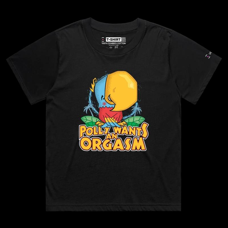 VOICEART Black Female Loose Polly Wants an Orgasm Funny Animals T-Shirt Premium Graphic Parakeet with a Primal Instinct Tee