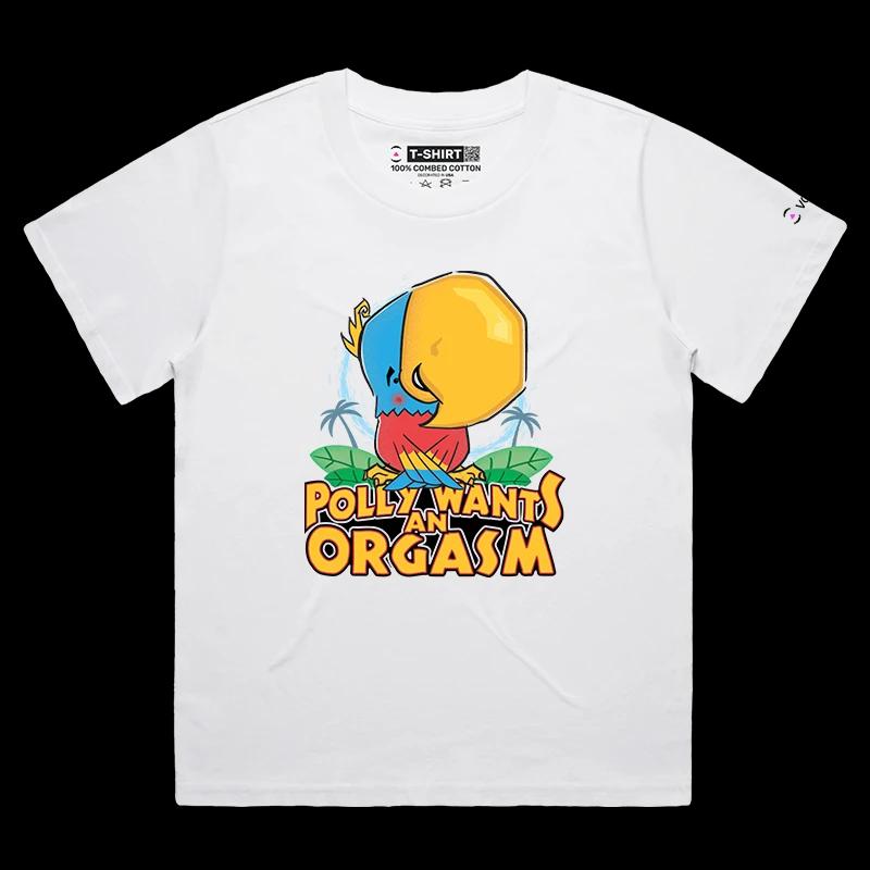 VOICEART White Female Loose Polly Wants an Orgasm Funny Animals T-Shirt Premium Graphic Parakeet with a Primal Instinct Tee
