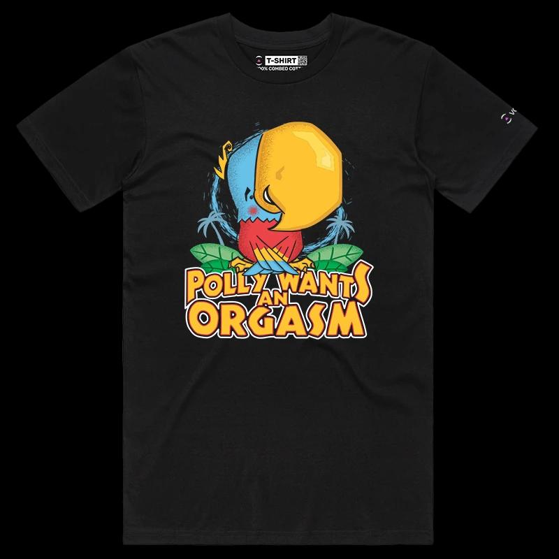 VOICEART Black Male Regular Polly Wants an Orgasm Funny Animals T-Shirt Premium Graphic Parakeet with a Primal Instinct Tee