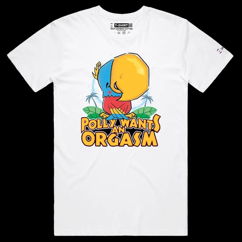VOICEART White Male Regular Polly Wants an Orgasm Funny Animals T-Shirt Premium Graphic Parakeet with a Primal Instinct Tee