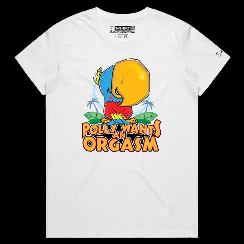 VOICEART White Female Regular Polly Wants an Orgasm Funny Animals T-Shirt Premium Graphic Parakeet with a Primal Instinct Tee