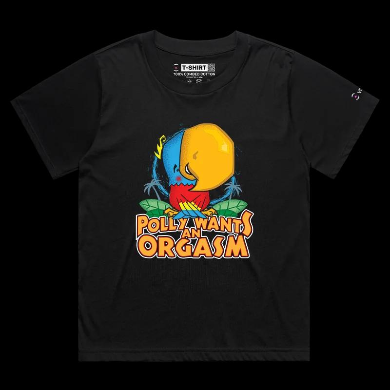 VOICEART Black Female Loose Polly Wants an Orgasm Funny Animals T-Shirt Premium Graphic Parakeet with a Primal Instinct Tee
