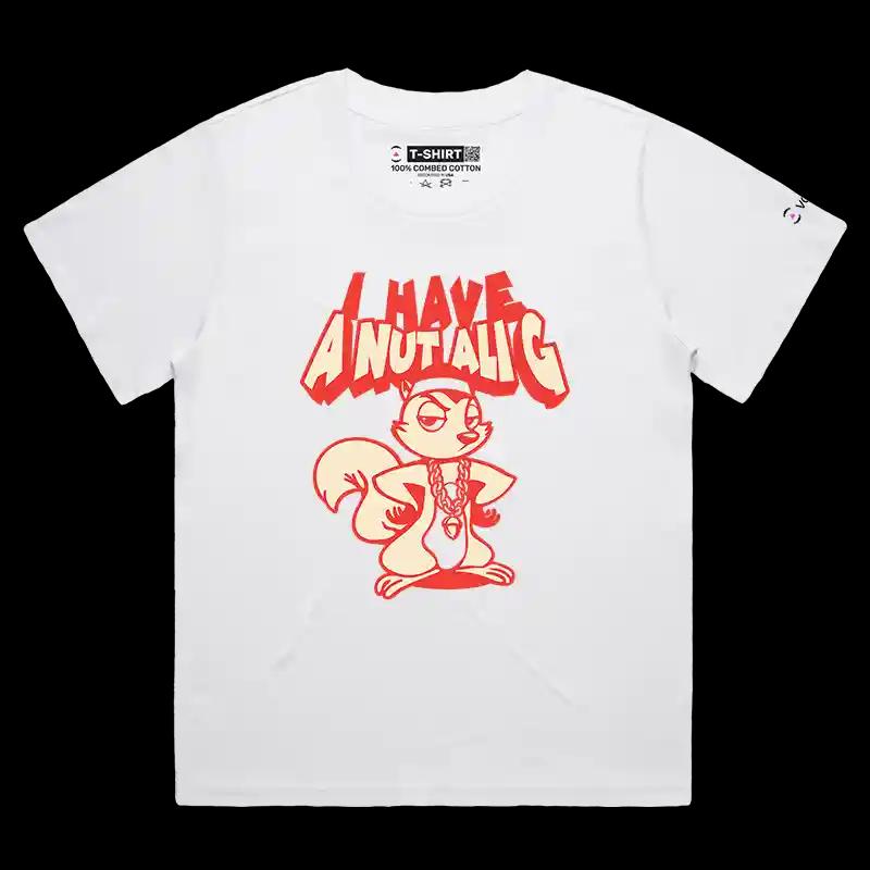 VOICEART White Female Loose Squirrel Nut Ali G Funny Animals T-Shirt Premium Graphic Hip Hop Rapper Parody Tee Play Words
