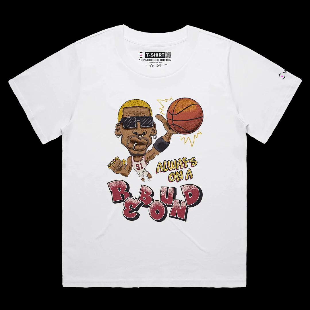 VOICEART White Female Loose Vintage Rodman on a Rebound Sports Tee for Basketball Fans Combed Cotton Short Sleeve T-Shirt