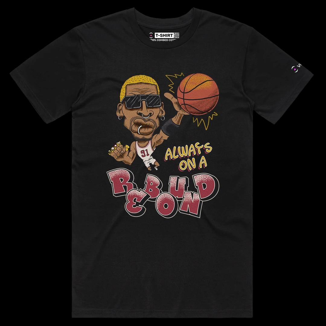 VOICEART Black Male Regular Vintage Rodman on a Rebound Sports Tee for Basketball Fans Combed Cotton Short Sleeve T-Shirt
