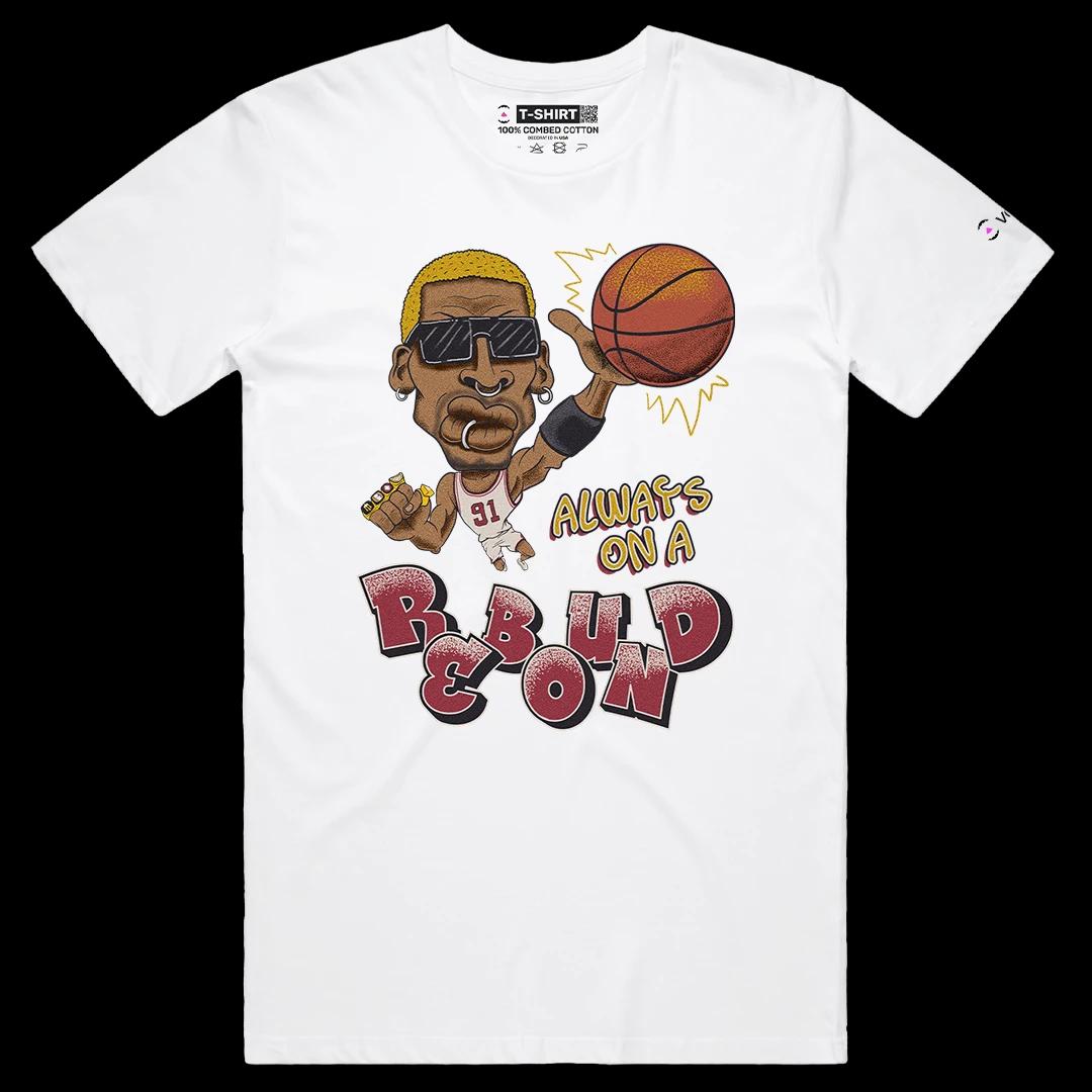 VOICEART White Male Regular Vintage Rodman on a Rebound Sports Tee for Basketball Fans Combed Cotton Short Sleeve T-Shirt