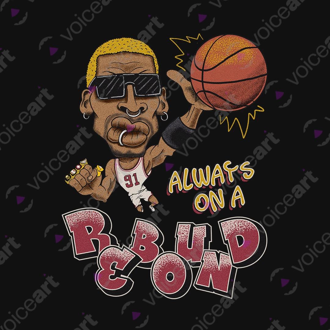 VOICEART Black Watermark Vintage Rodman on a Rebound Sports Tee for Basketball Fans Combed Cotton Short Sleeve T-Shirt