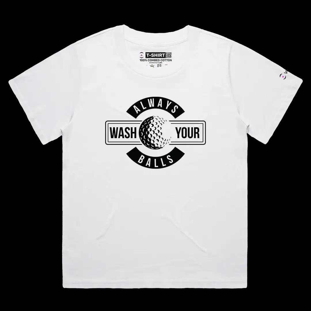 VOICEART White Female Loose Always Wash Your Balls Funny Golf Wordplay Tee Short Sleeve Cotton T-Shirt for Men and Women