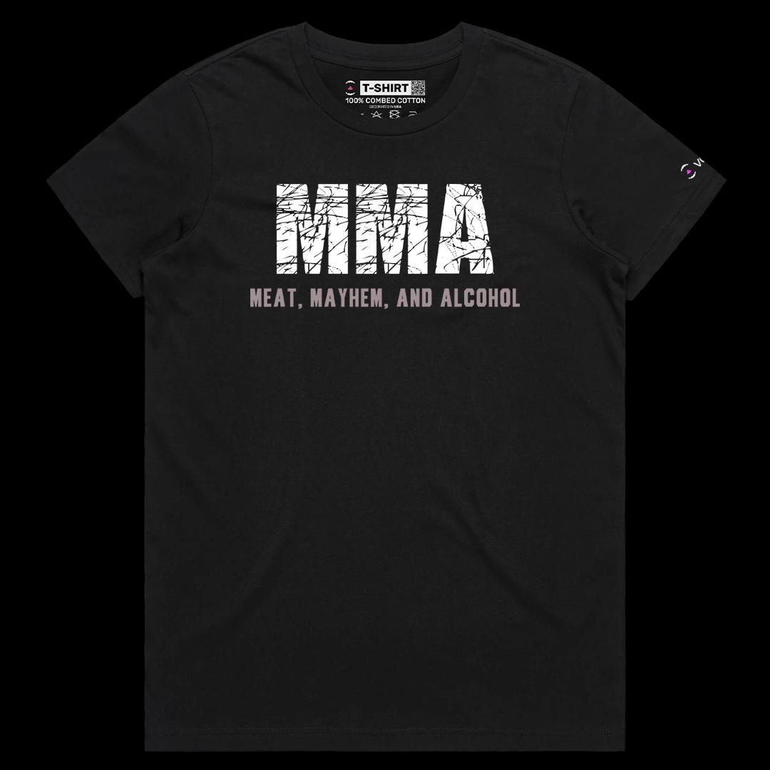 VOICEART Black Female Regular MMA Meat Mayhem and Alcohol Funny Meme Tee Wordplay Sleeve Cotton T-Shirt for Men and Women