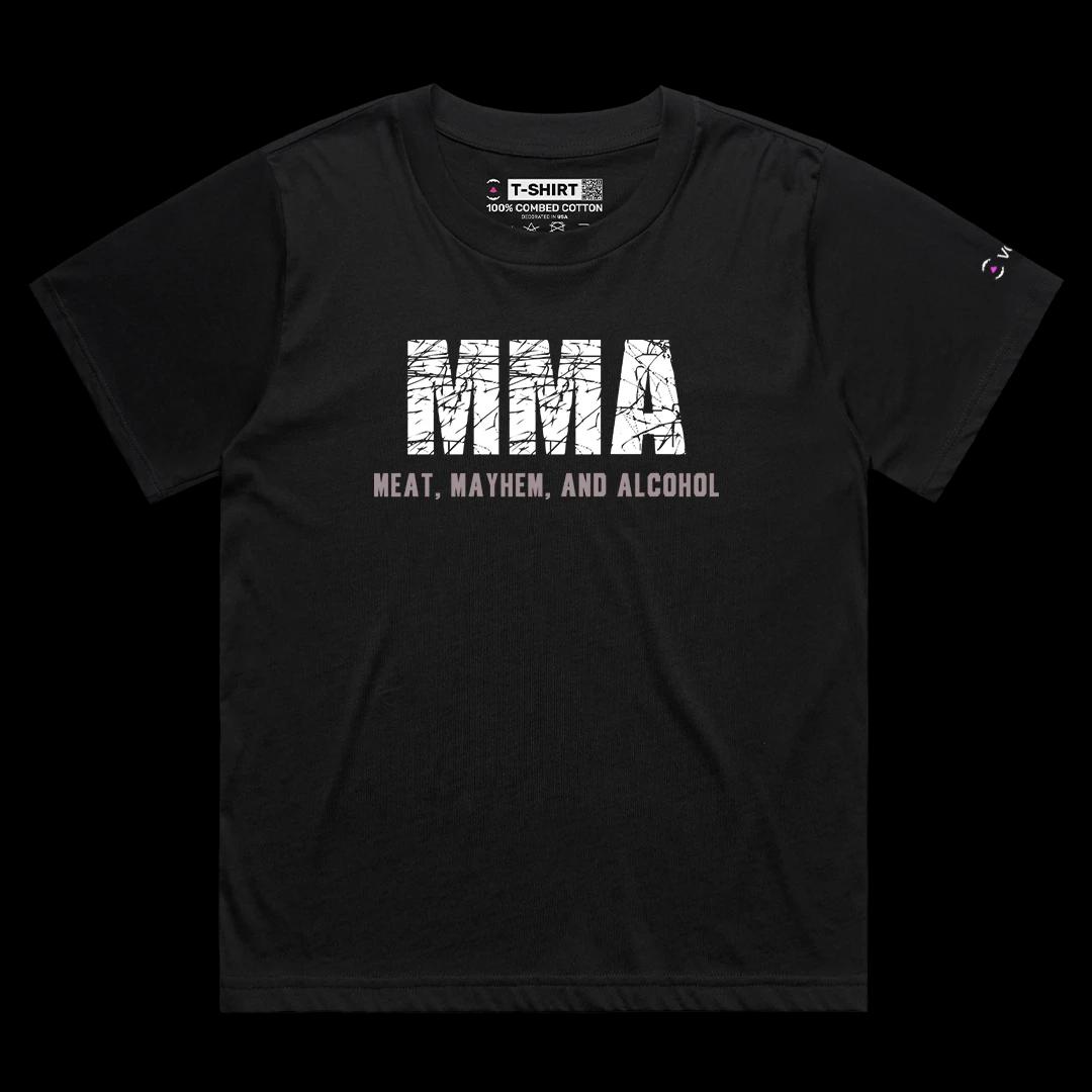 VOICEART Black Female Loose MMA Meat Mayhem and Alcohol Funny Meme Tee Wordplay Sleeve Cotton T-Shirt for Men and Women
