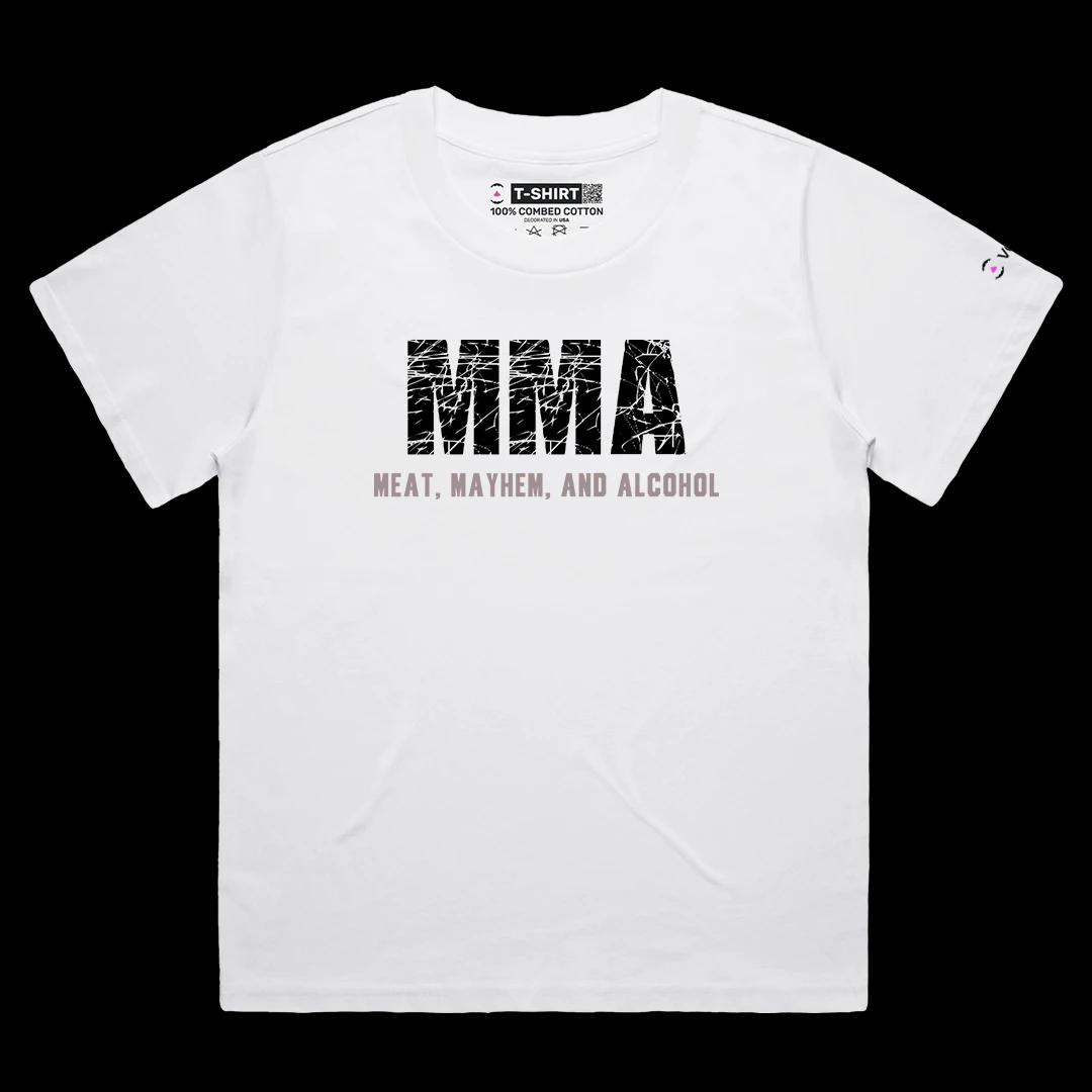 VOICEART White Female Loose MMA Meat Mayhem and Alcohol Funny Meme Tee Wordplay Sleeve Cotton T-Shirt for Men and Women