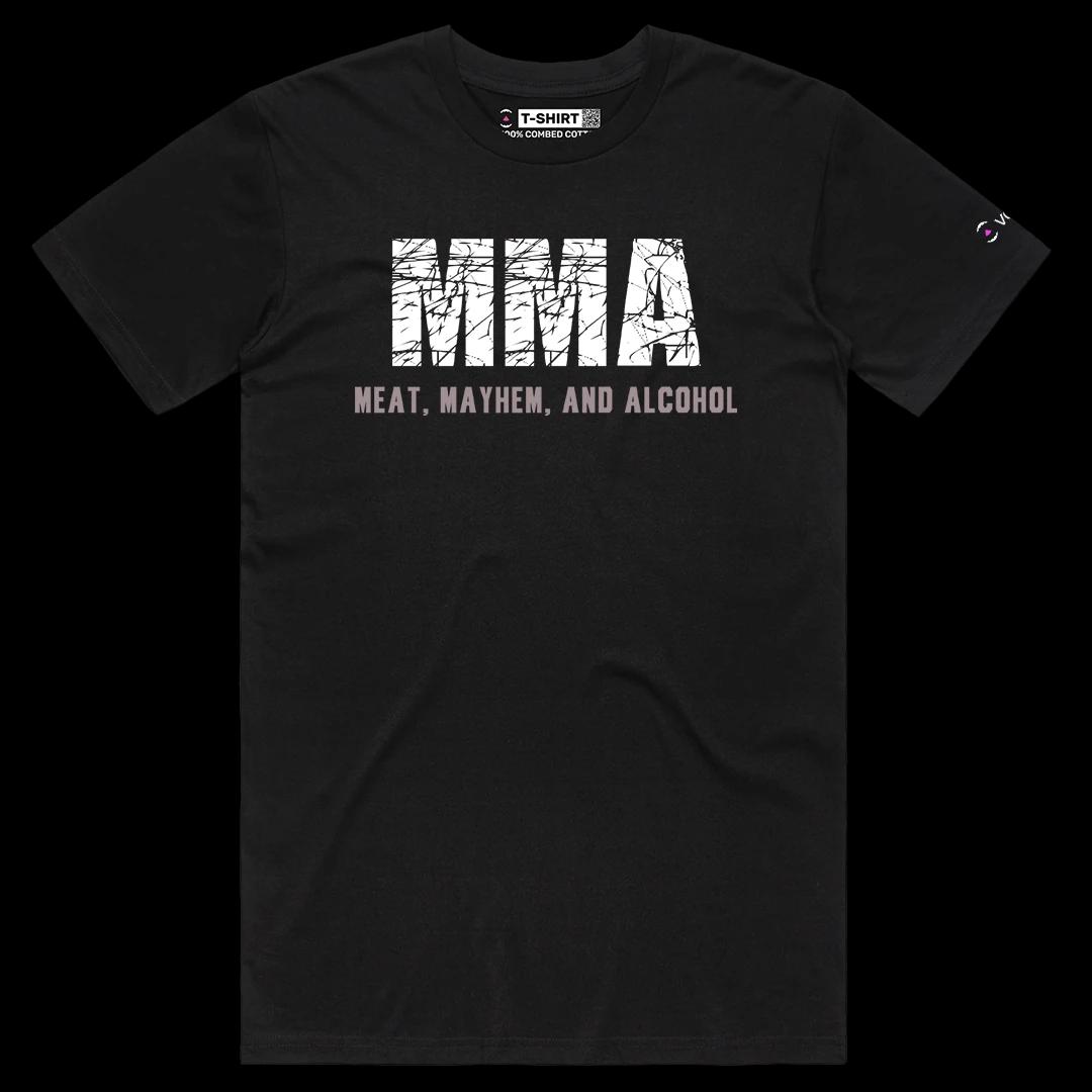 VOICEART Black Male Regular MMA Meat Mayhem and Alcohol Funny Meme Tee Wordplay Sleeve Cotton T-Shirt for Men and Women