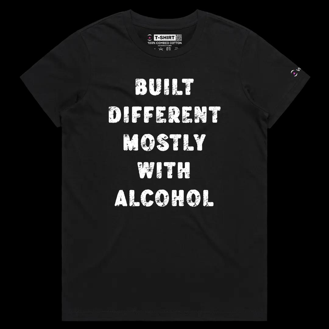 VOICEART Black Female Regular Built Different Mostly With Alcohol Funny Tee Joke Short Cotton T-Shirt for Men and Women