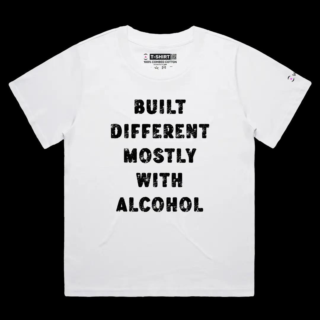 VOICEART White Female Loose Built Different Mostly With Alcohol Funny Tee Joke Short Cotton T-Shirt for Men and Women