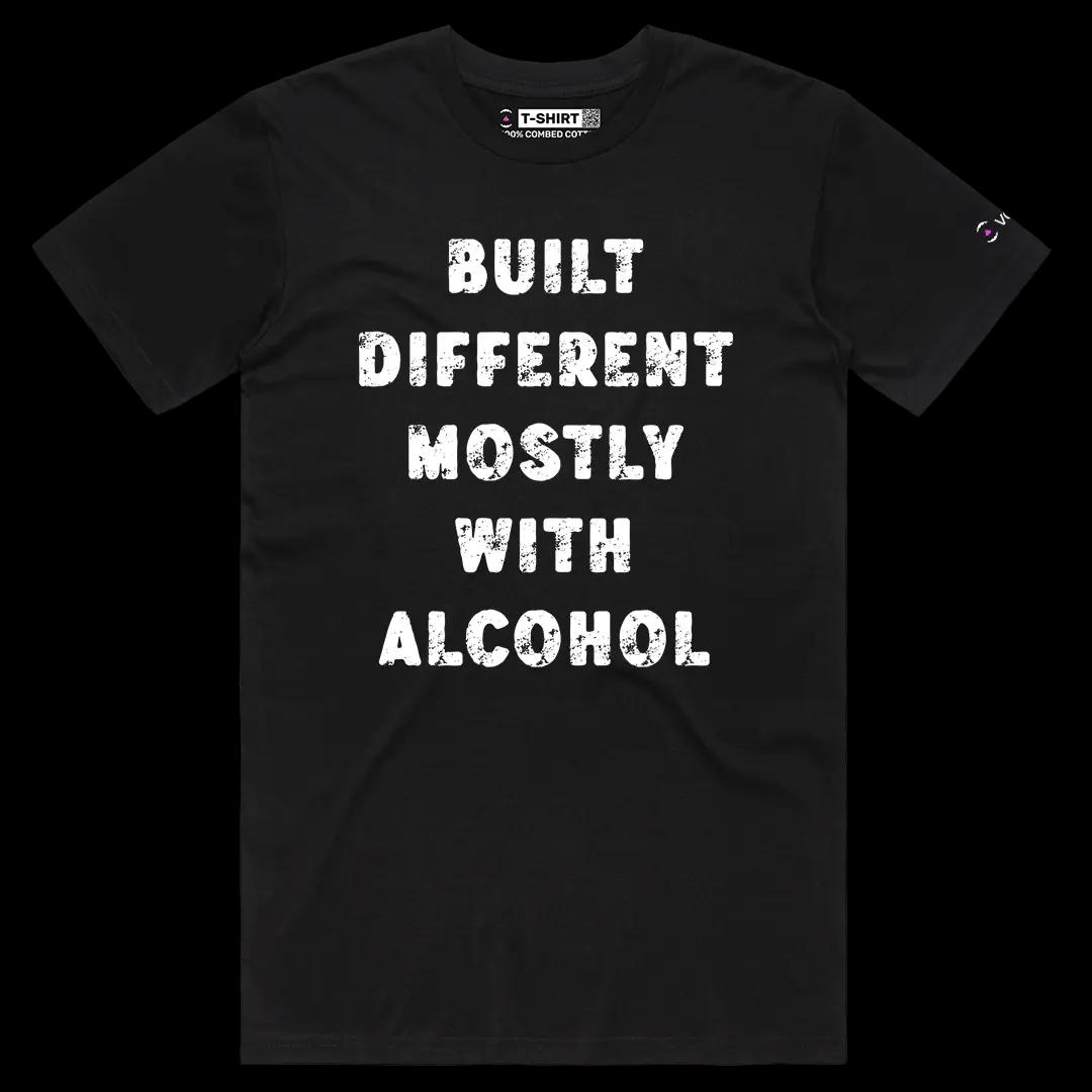 VOICEART Black Male Regular Built Different Mostly With Alcohol Funny Tee Joke Short Cotton T-Shirt for Men and Women