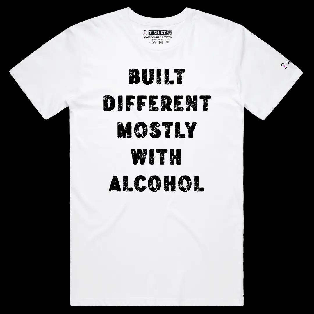 VOICEART White Male Regular Built Different Mostly With Alcohol Funny Tee Joke Short Cotton T-Shirt for Men and Women