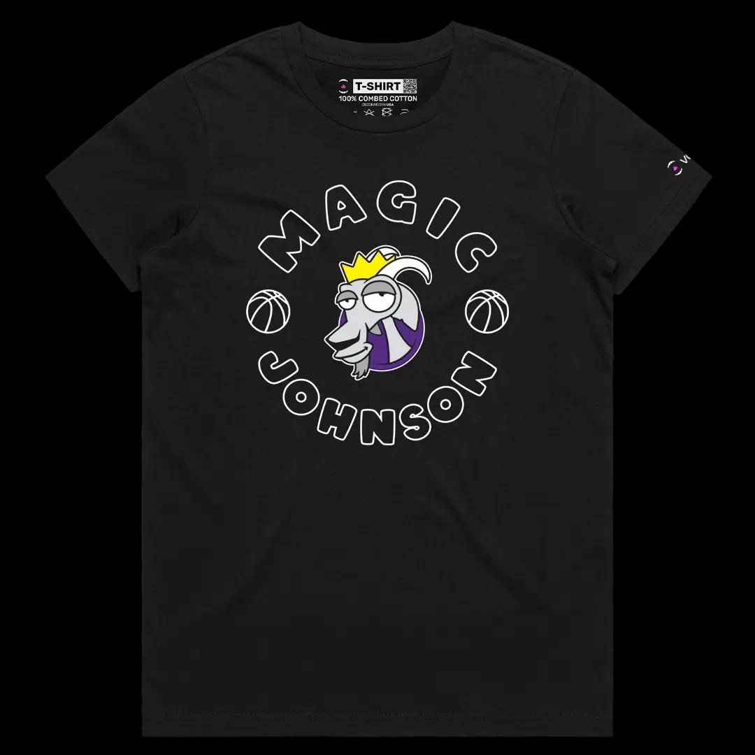 VOICEART Black Female Regular Magic Johnson The GOAT Series Sports Graphic Tee for Basketball Fans Short Sleeve Cotton Shirt