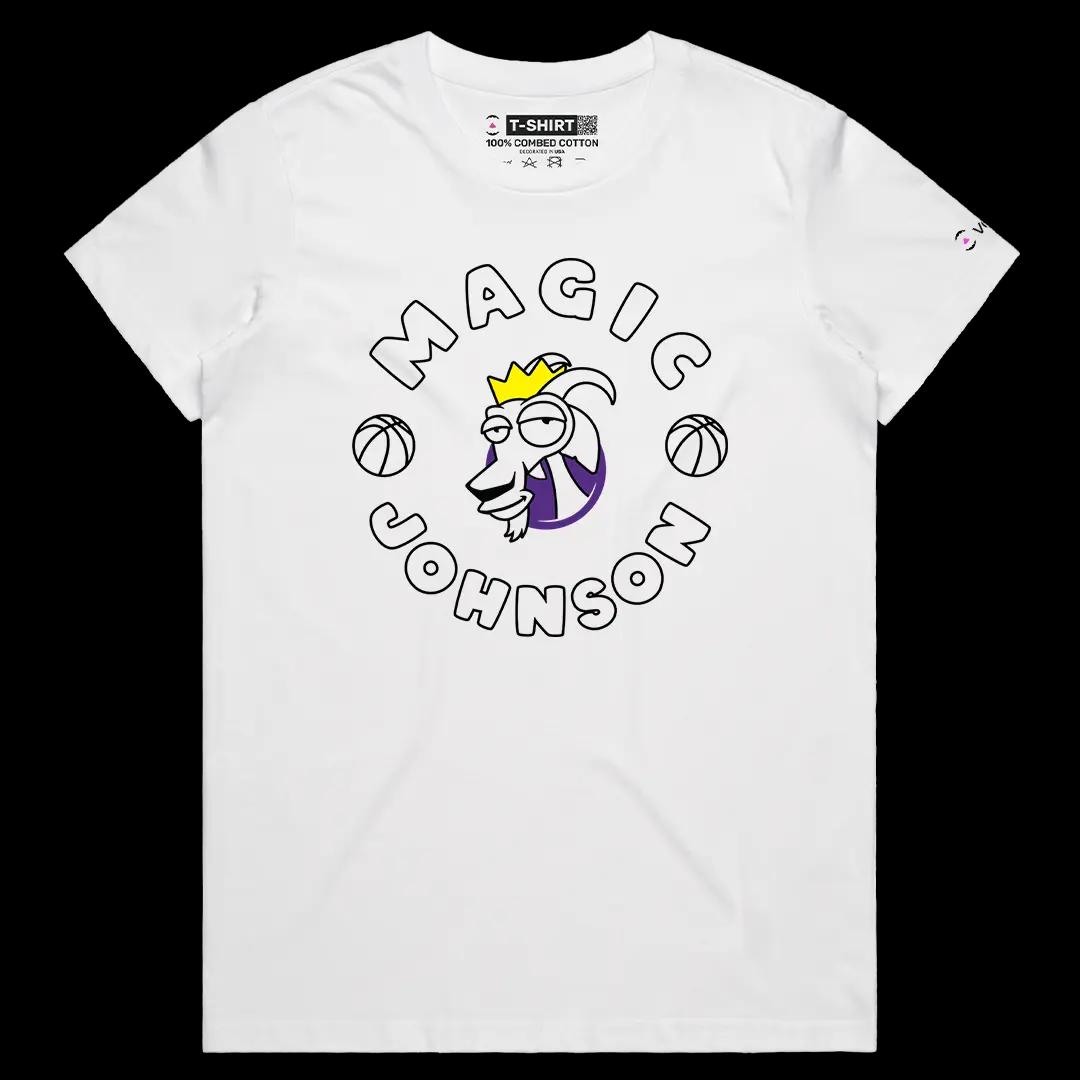 VOICEART White Female Regular Magic Johnson The GOAT Series Sports Graphic Tee for Basketball Fans Short Sleeve Cotton Shirt