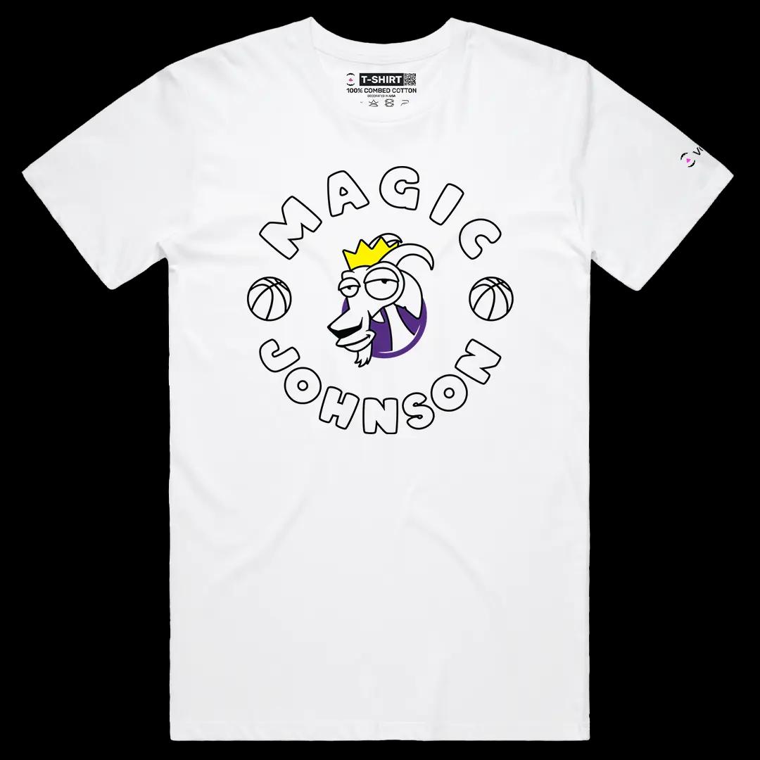 VOICEART White Male Regular Magic Johnson The GOAT Series Sports Graphic Tee for Basketball Fans Short Sleeve Cotton Shirt