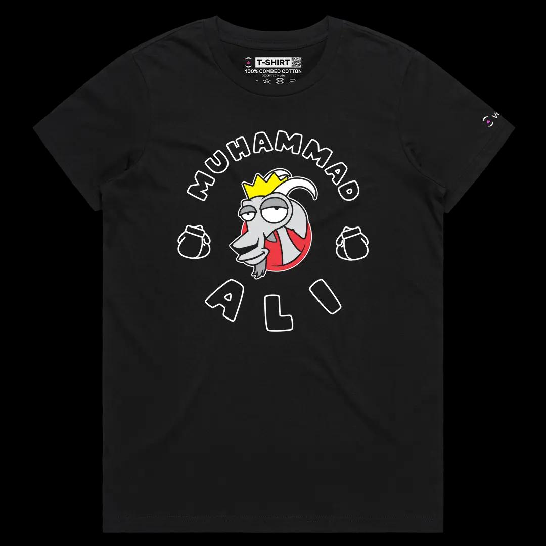 VOICEART Black Female Regular Muhammad Ali The Goat Sports Graphic Tee for Boxing Fans Short Sleeve Combed Cotton T-Shirt