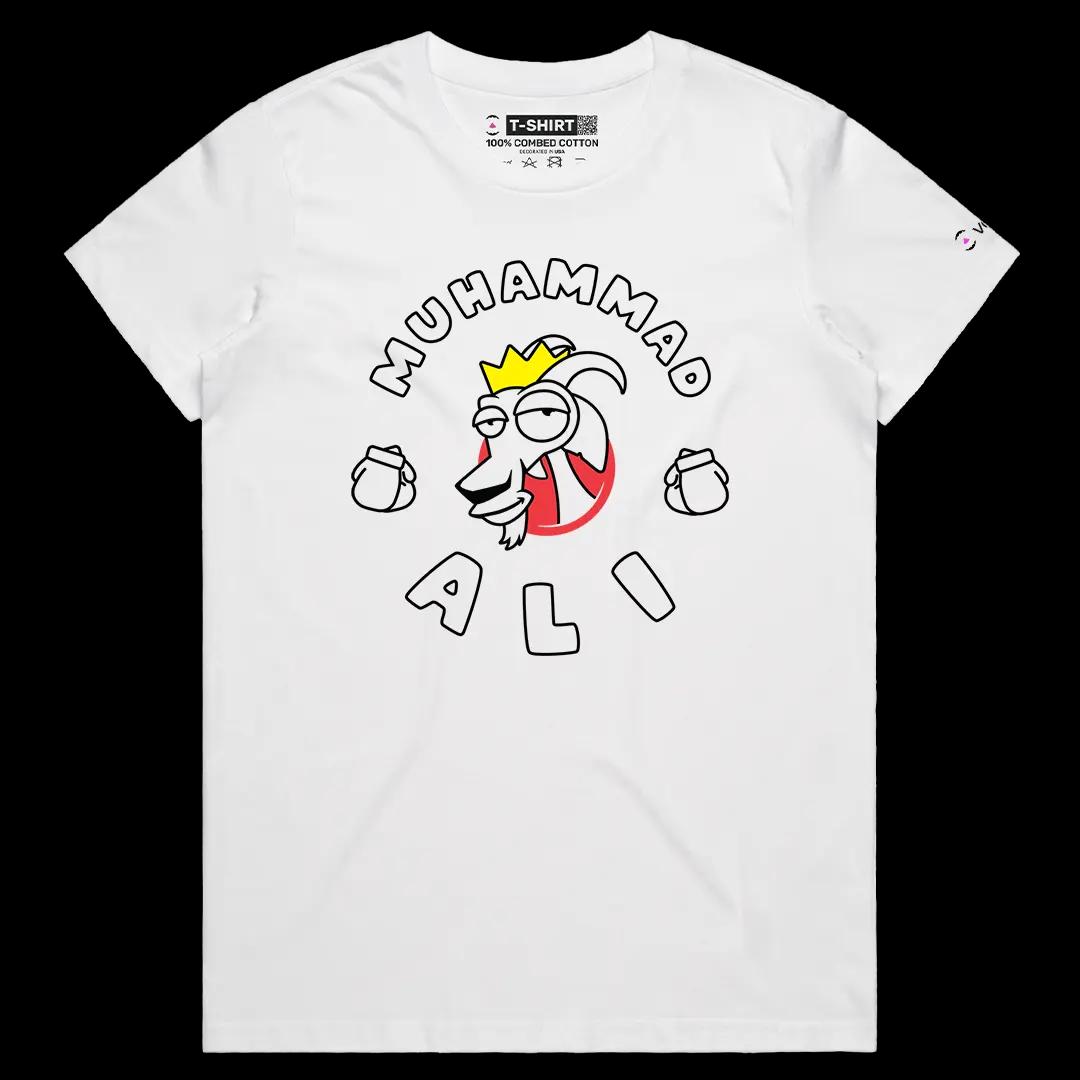 VOICEART White Female Regular Muhammad Ali The Goat Sports Graphic Tee for Boxing Fans Short Sleeve Combed Cotton T-Shirt