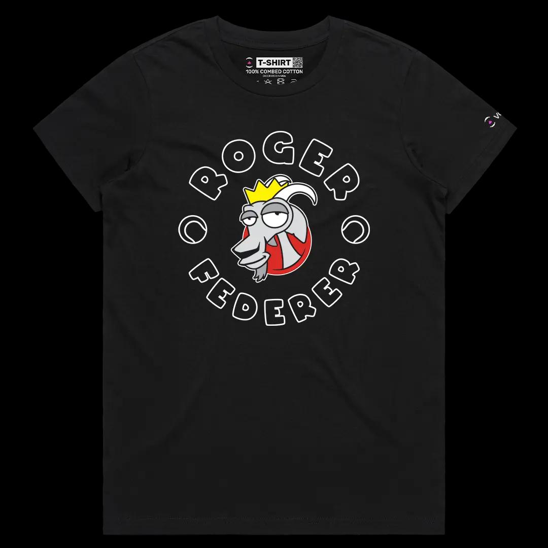 VOICEART Black Female Regular Federer The Goat Sports Graphic Tee for Tennis Fans Short Sleeve Combed Cotton TShirt