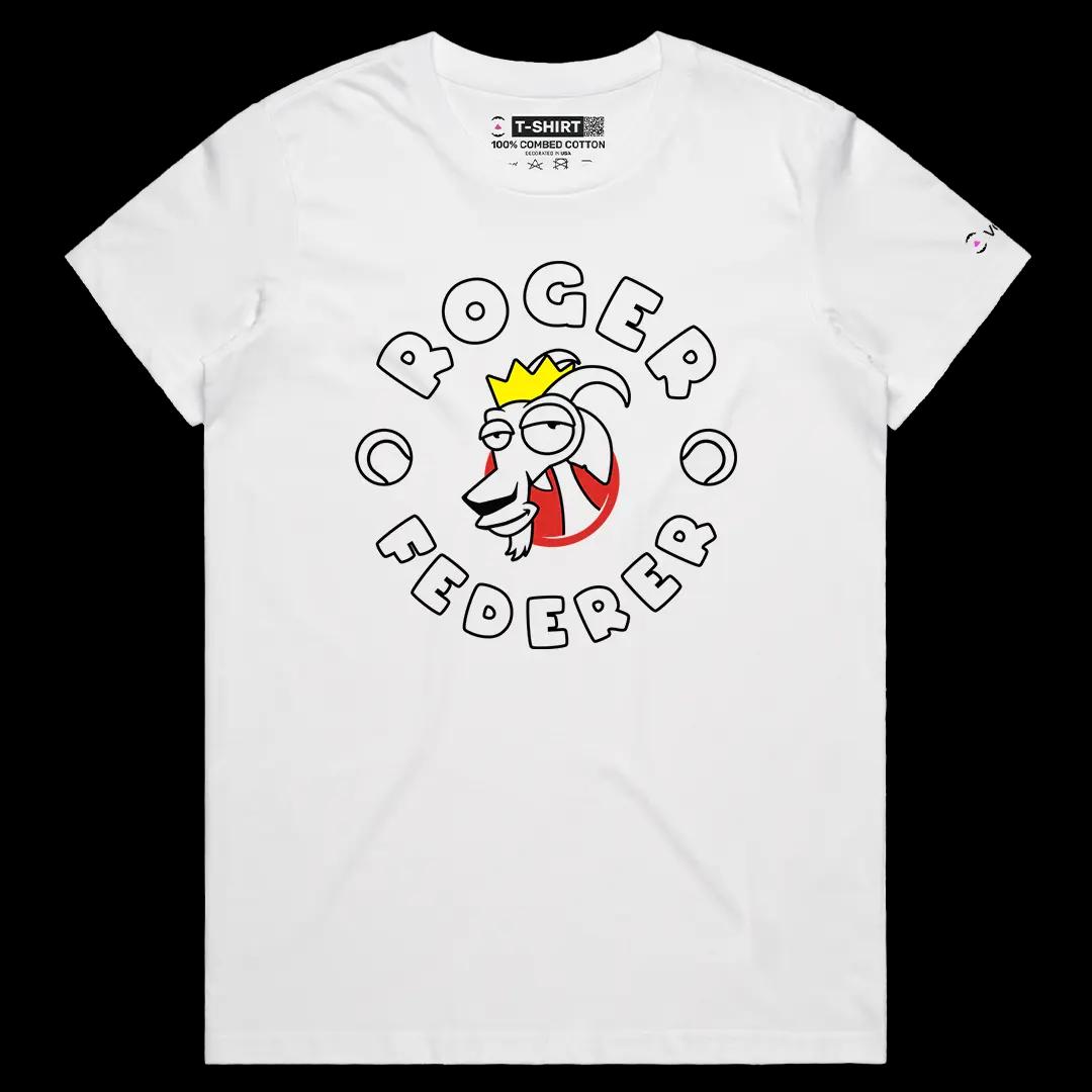 VOICEART White Female Regular Federer The Goat Sports Graphic Tee for Tennis Fans Short Sleeve Combed Cotton TShirt