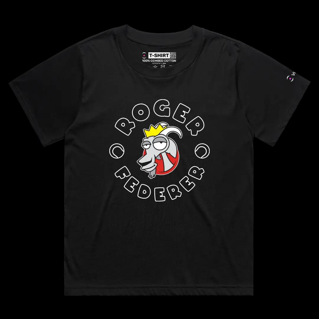 VOICEART Black Female Loose Federer The Goat Sports Graphic Tee for Tennis Fans Short Sleeve Combed Cotton TShirt