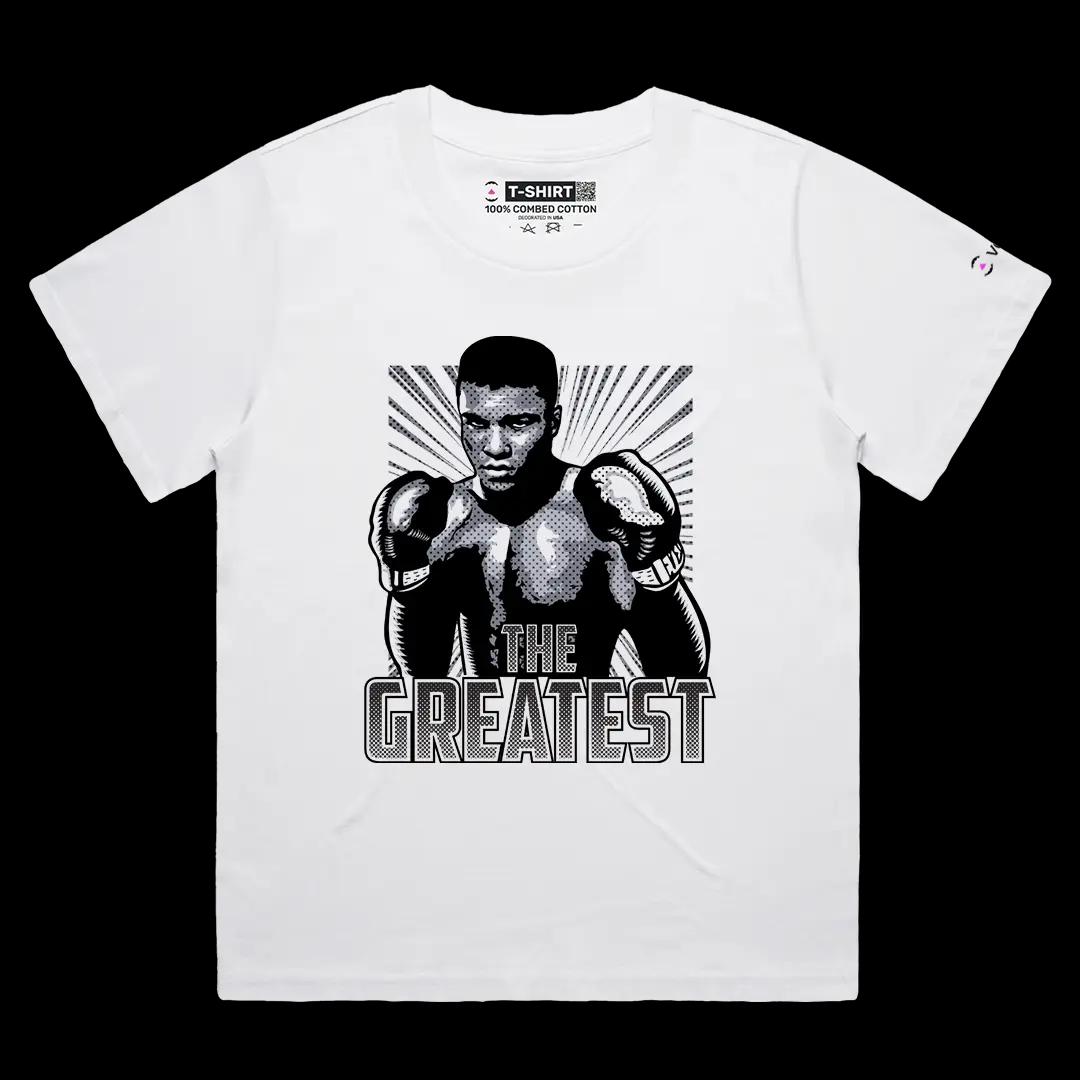VOICEART White Female Loose Mohammed Ali GOAT Sports Shirt Premium Design Undisputed Fighting Champion Tee for Boxing Fans