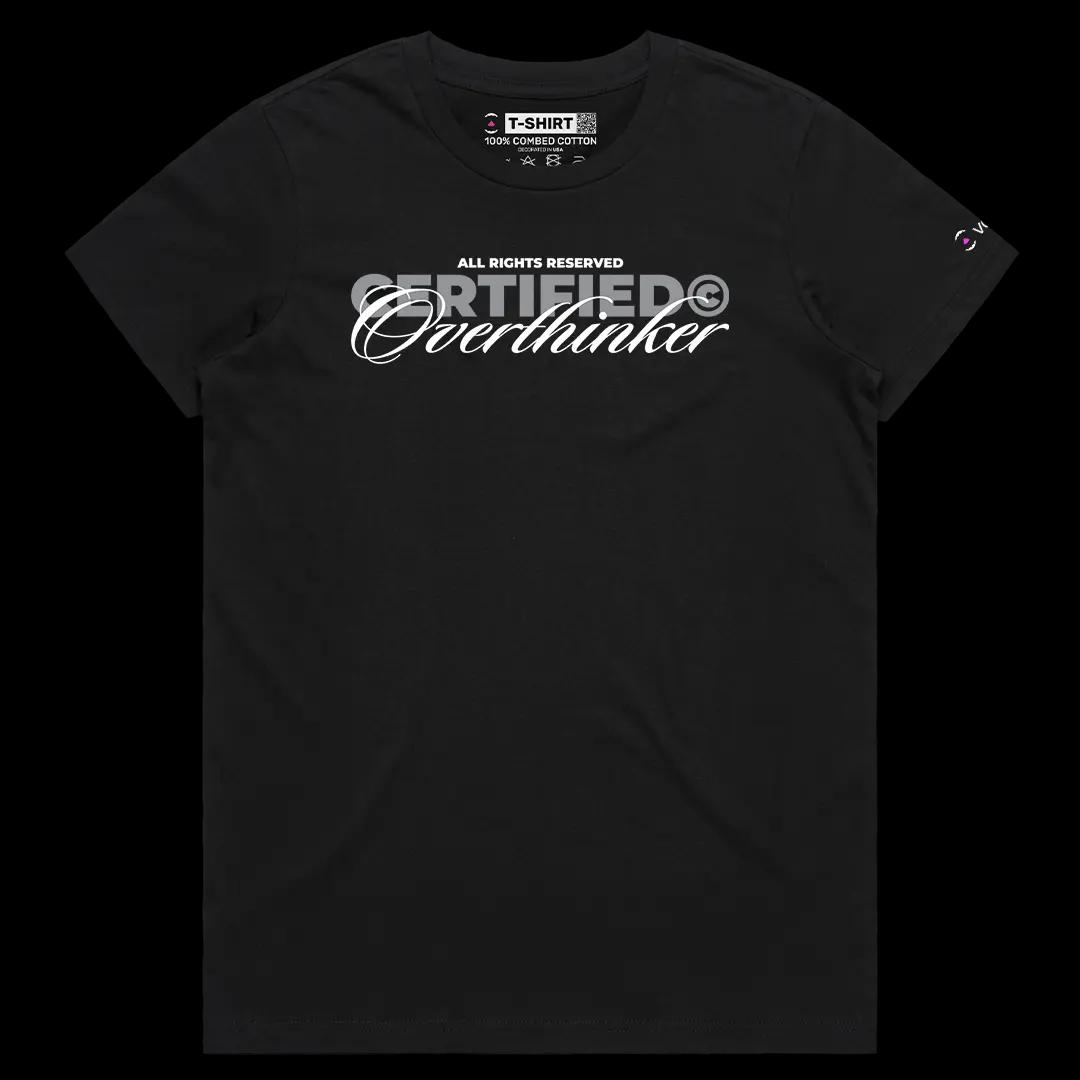 VOICEART Black Female Regular Certified Overthinker Funny Meme Tee with Sarcastic Joke Cotton T-Shirt for Men and Women