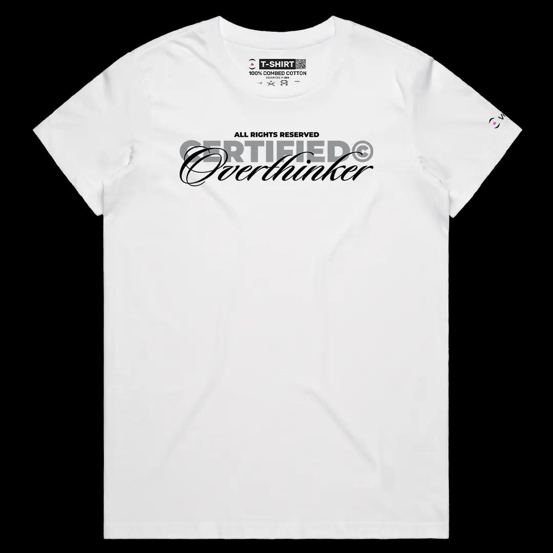 VOICEART White Female Regular Certified Overthinker Funny Meme Tee with Sarcastic Joke Cotton T-Shirt for Men and Women