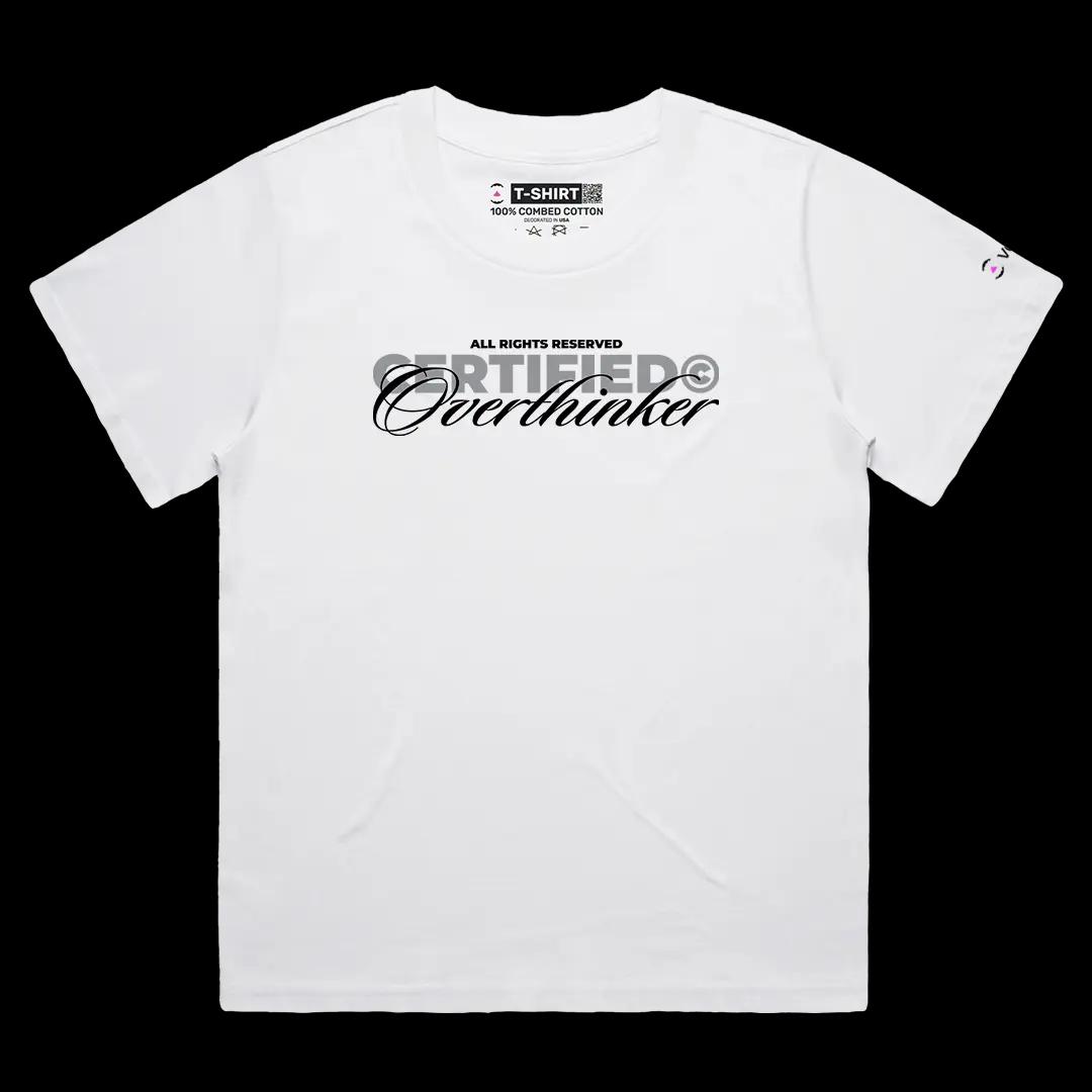 VOICEART White Female Loose Certified Overthinker Funny Meme Tee with Sarcastic Joke Cotton T-Shirt for Men and Women