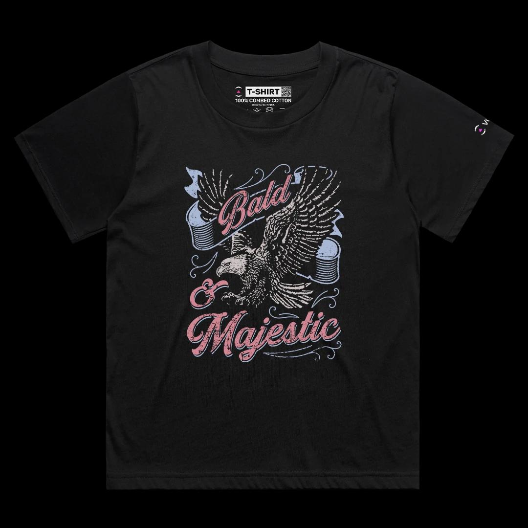 VOICEART Black Female Loose Bald and Majestic Eagle Funny Graphic Tee with Patriotic Design Short Sleeve Cotton T-Shirt
