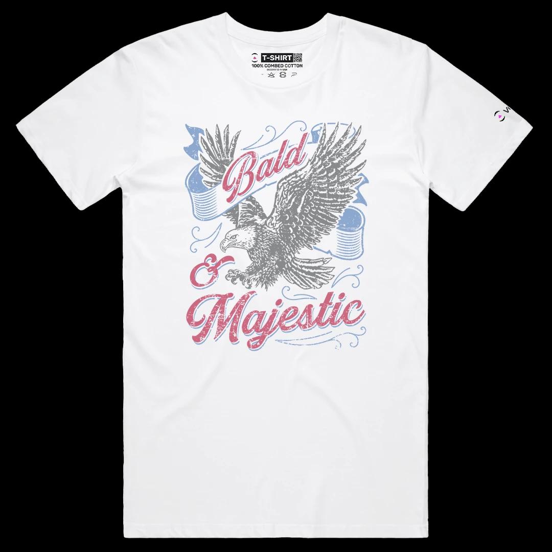 VOICEART White Male Regular Bald and Majestic Eagle Funny Graphic Tee with Patriotic Design Short Sleeve Cotton T-Shirt