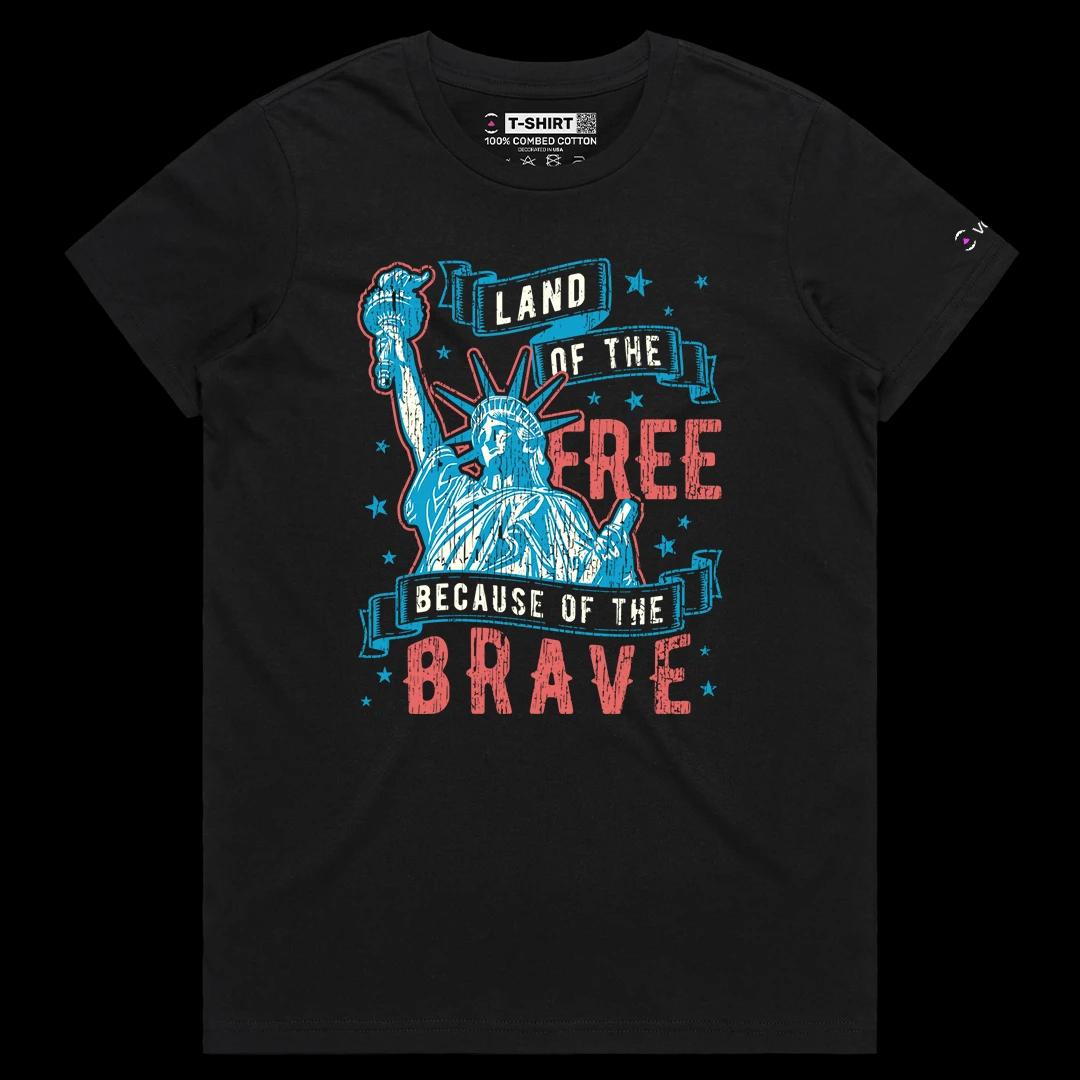 VOICEART Black Female Regular Lady Liberty Land of the Free Independence Day Graphic Tee Short Sleeve Shirt for Men and Women