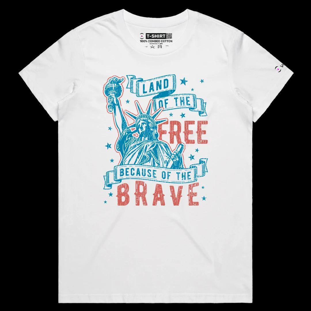 VOICEART White Female Regular Lady Liberty Land of the Free Independence Day Graphic Tee Short Sleeve Shirt for Men and Women