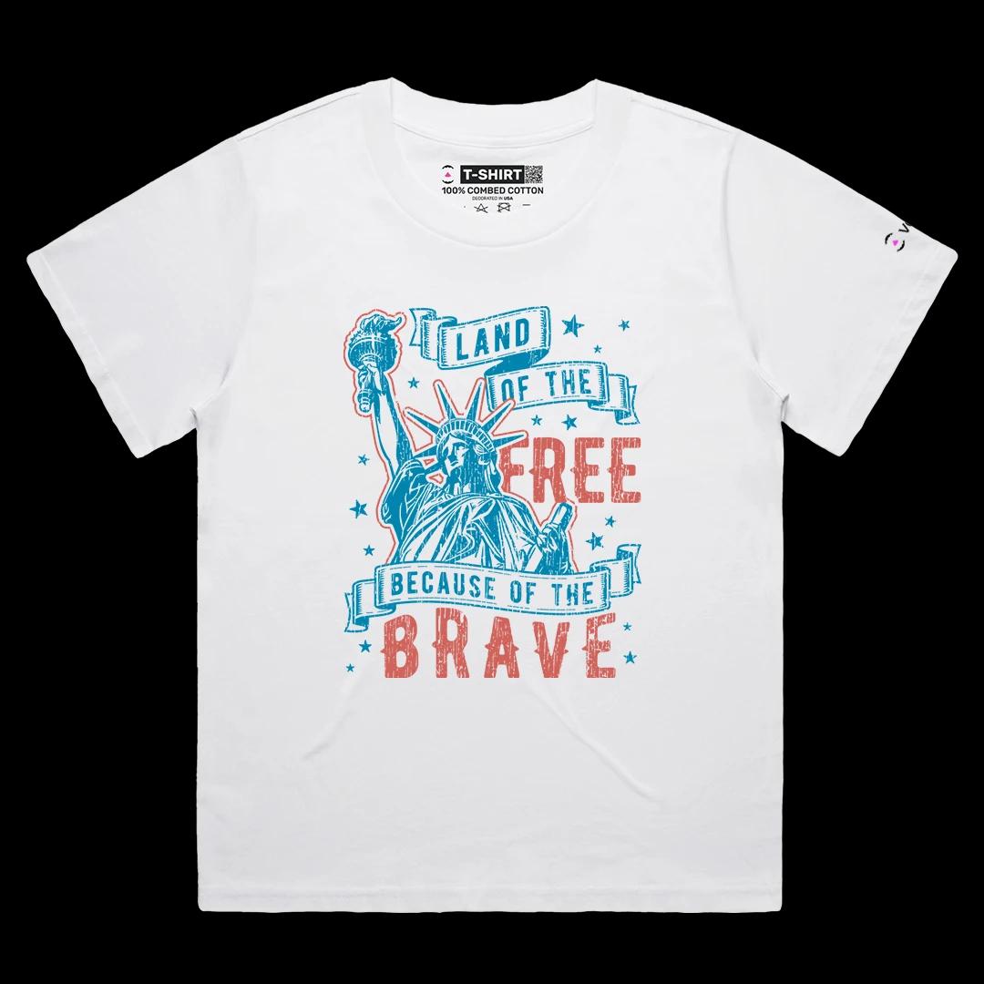 VOICEART White Female Loose Lady Liberty Land of the Free Independence Day Graphic Tee Short Sleeve Shirt for Men and Women