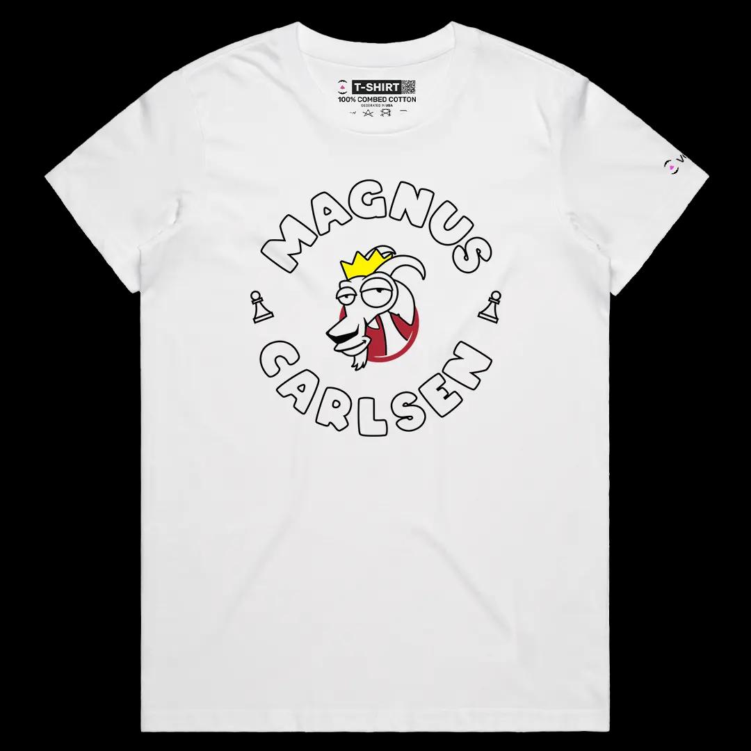 VOICEART White Female Regular Magnus Carlsen The Goat Graphic Tee for Chess Fans Short Sleeve Cotton Shirt for Men and Women