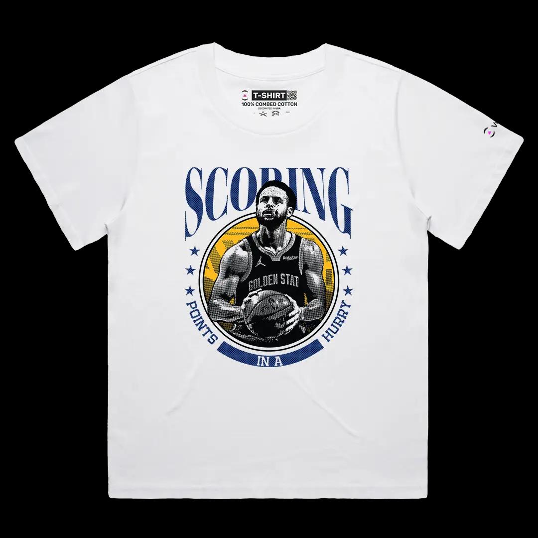 VOICEART White Female Loose Curry Scoring in Hurry Sports Graphic Tee Basketball Fans Short Cotton Shirt Men and Women