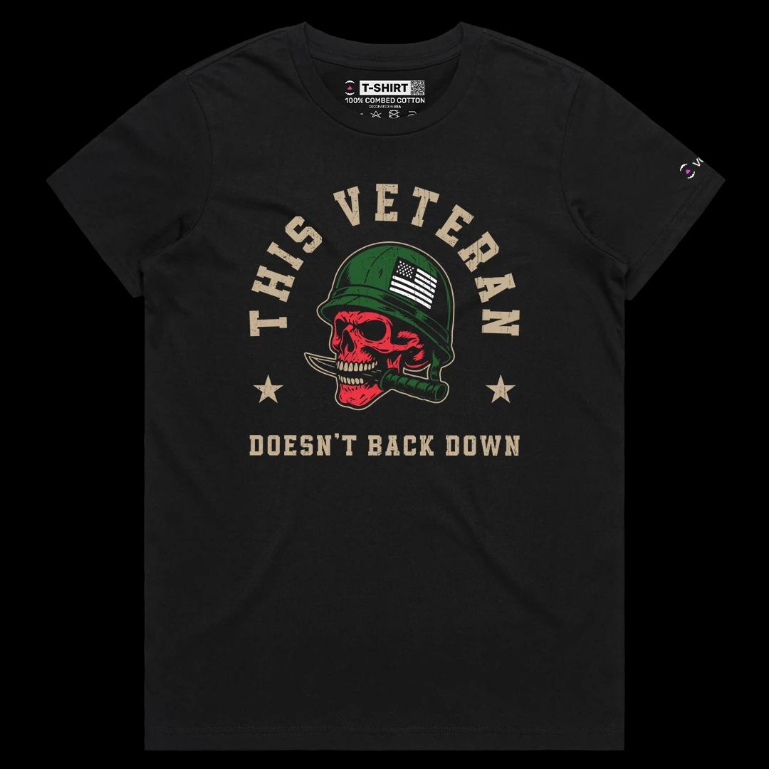 VOICEART Black Female Regular US Veteran No Backing Down Graphic Tee for 4th of July Short Cotton Shirt for Men and Women v1